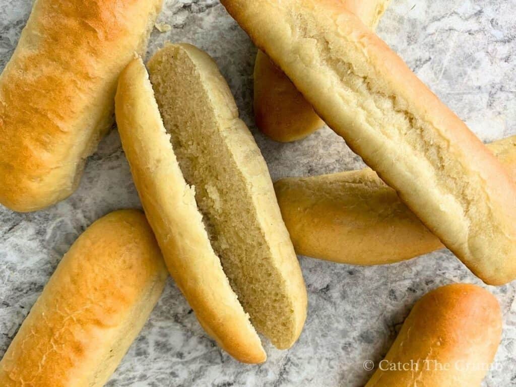 sourdough discard hot dog buns on a countertop