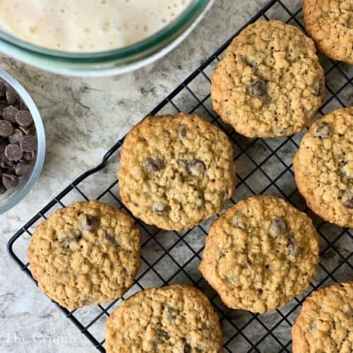 sourdough discard oatmeal chocolate chip cookies cooling on a wire rack