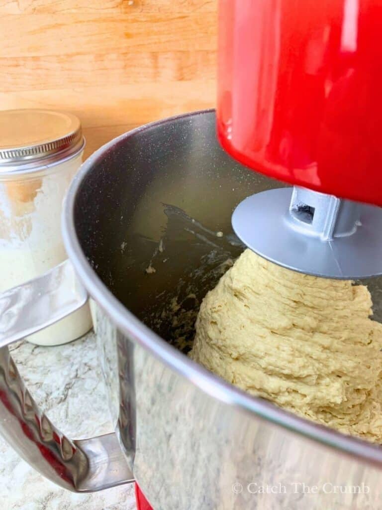 the mixture in a mixing bowl on a stand mixer