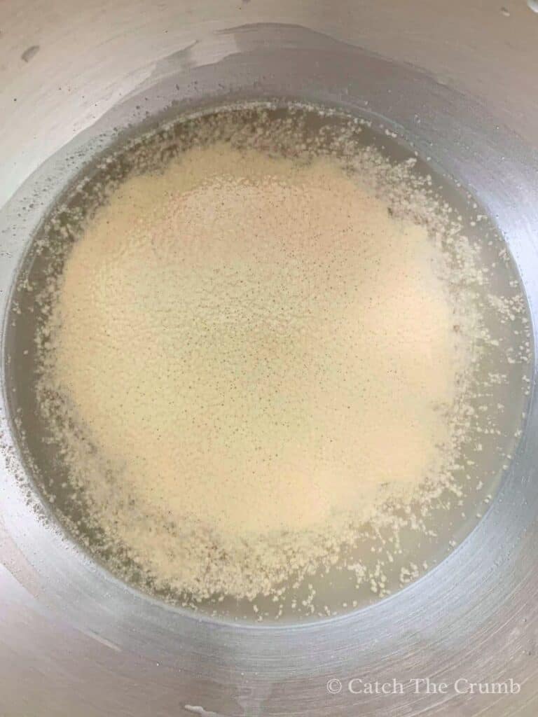 warm water, yeast, and sugar in a mixing bowl forming bubbles and foam