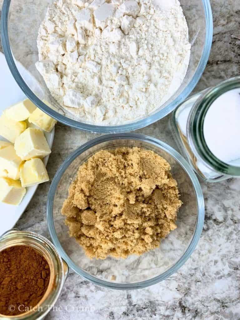 flour, brown sugar, cinnamon, salt, and butter cubes