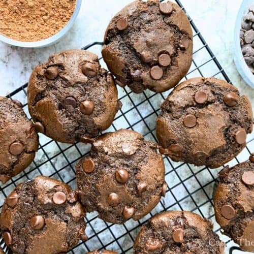 sourdough chocolate muffins on a wire rack