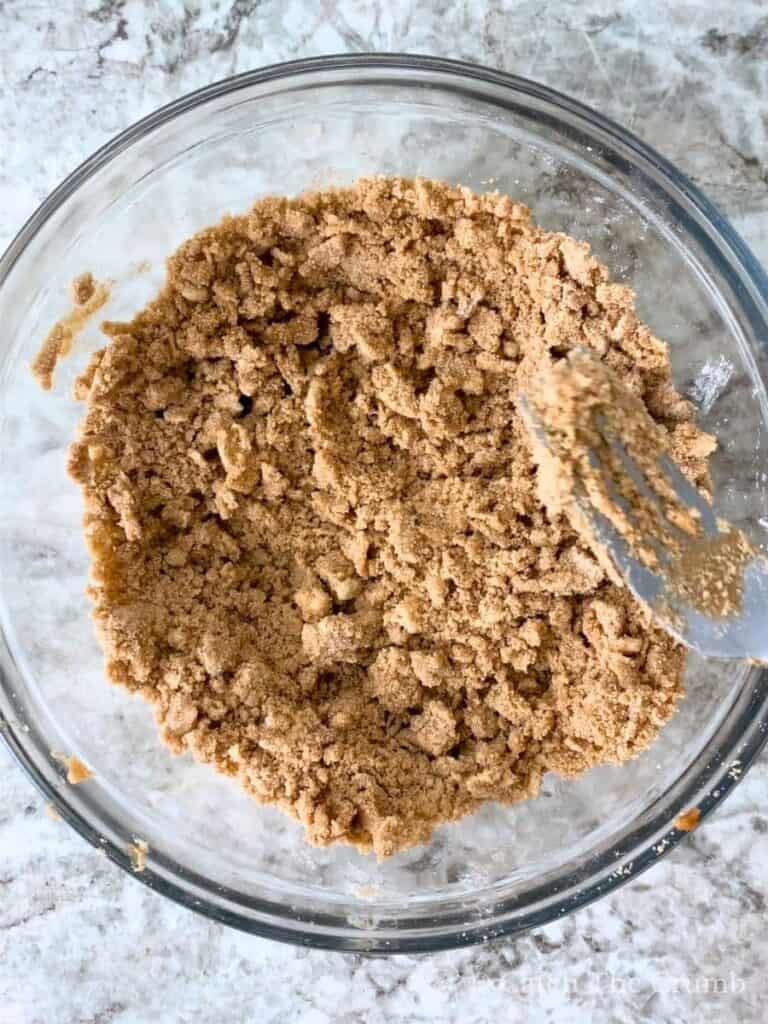 brown sugar, flour, cinnamon and cold, cubed butter mixed together into small crumbs