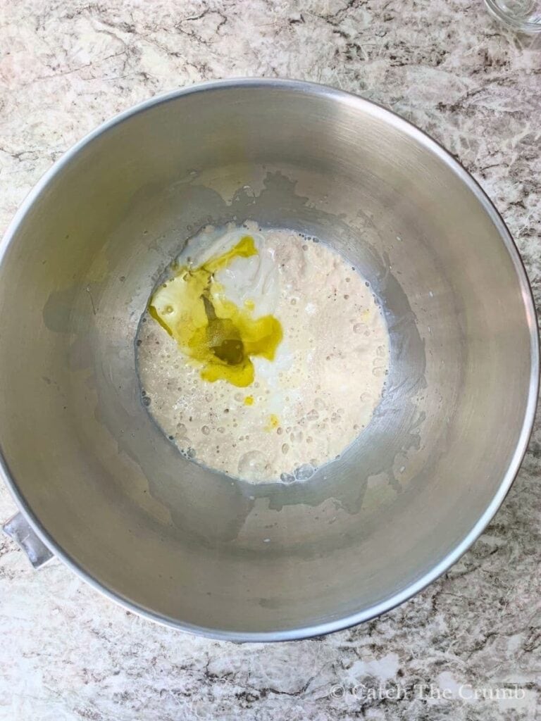 warm milk, yeast, and sugar mixed with sourdough discard, plain yogurt, olive oil, and salt
